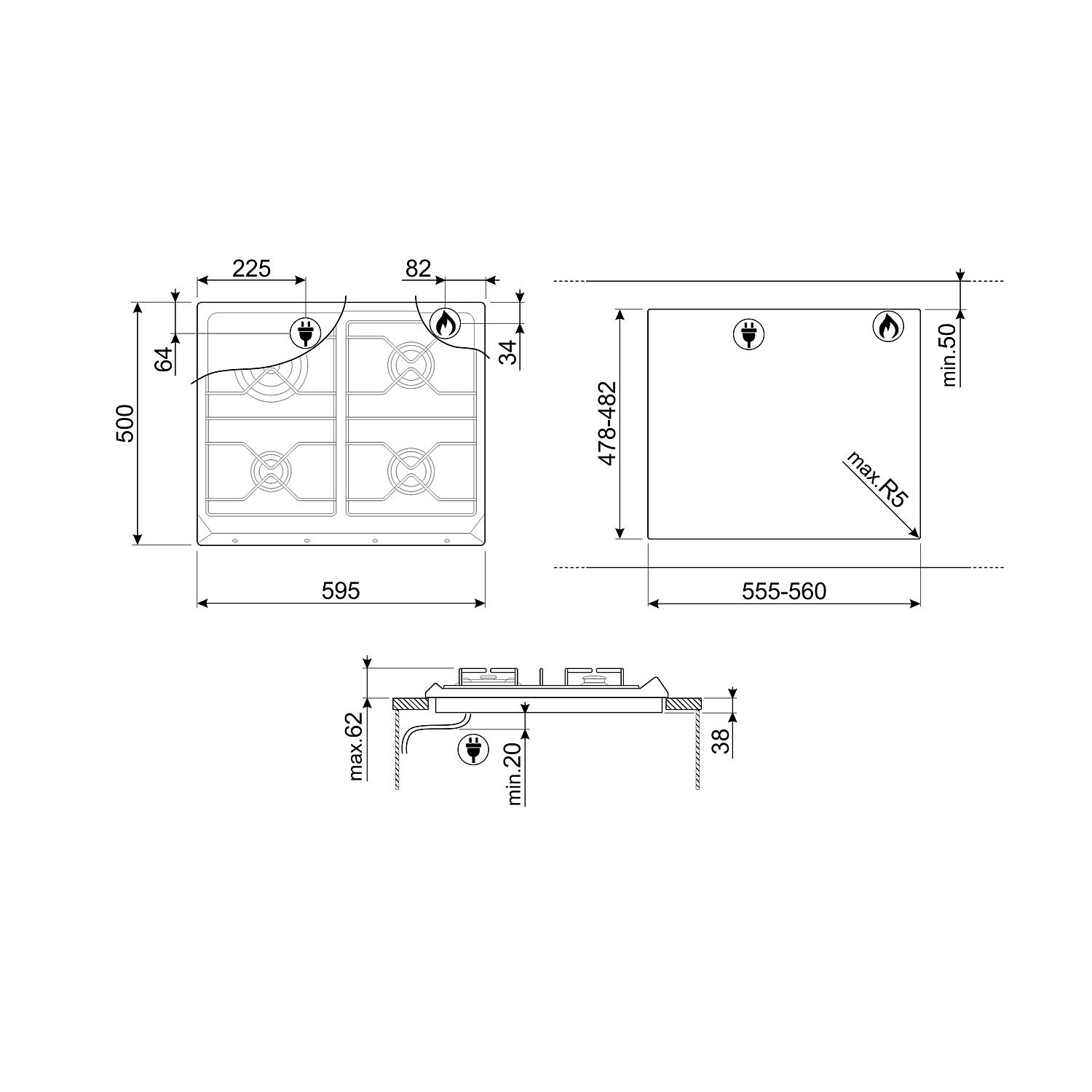 ANAFE SMEG GAS 60 CM 4H SRV564GH3